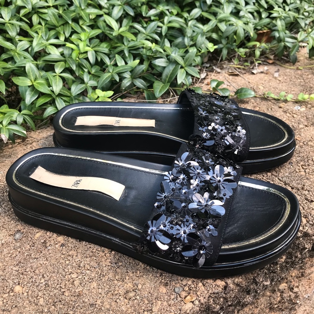 Zara Women’s Black Floral Embellished Jeweled Beaded Sandal Slides Sz 39